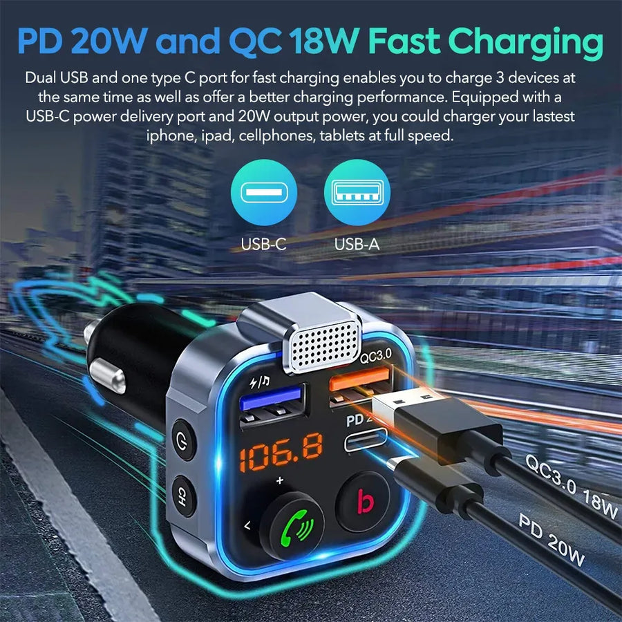 Bluetooth 5.0 FM Transmitter Car Adapter with PD 20W Fast Charger and Dual USB Ports in Black