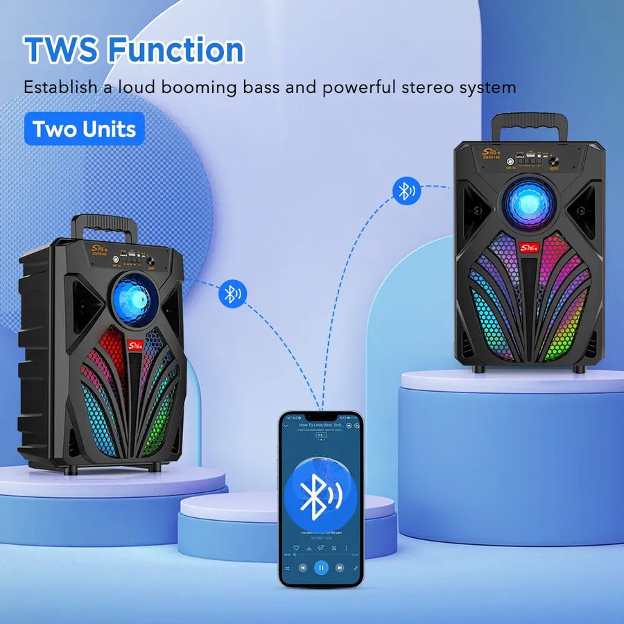 2000W Portable Bluetooth Speaker with Subwoofer, Black, Karaoke Mic, 8" Woofer