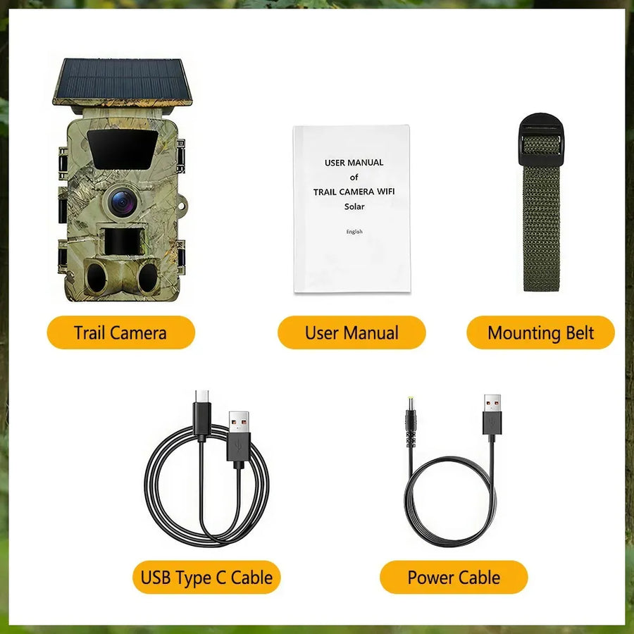 4K 60MP Black Solar Trail Camera with Night Vision and Wi-Fi Connectivity