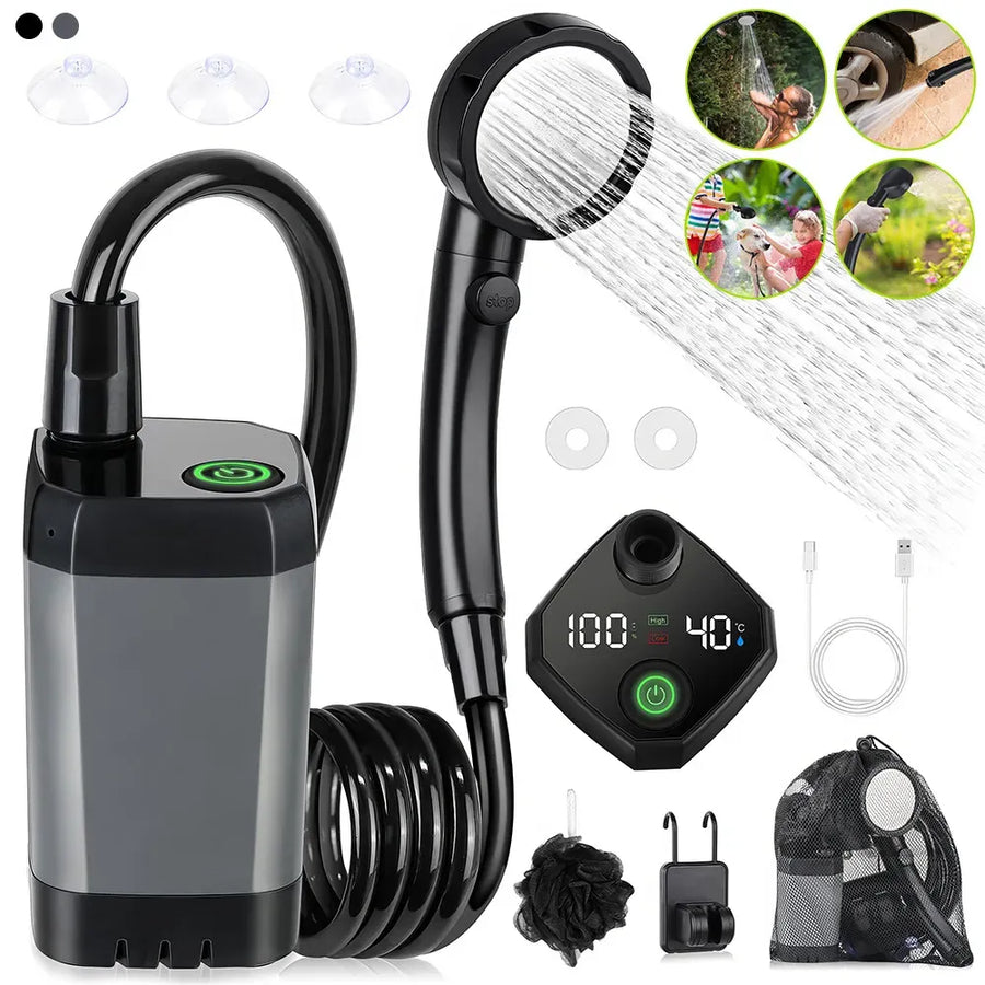 Portable Black Camping Shower with 6000mAh Rechargeable Battery and LED Display
