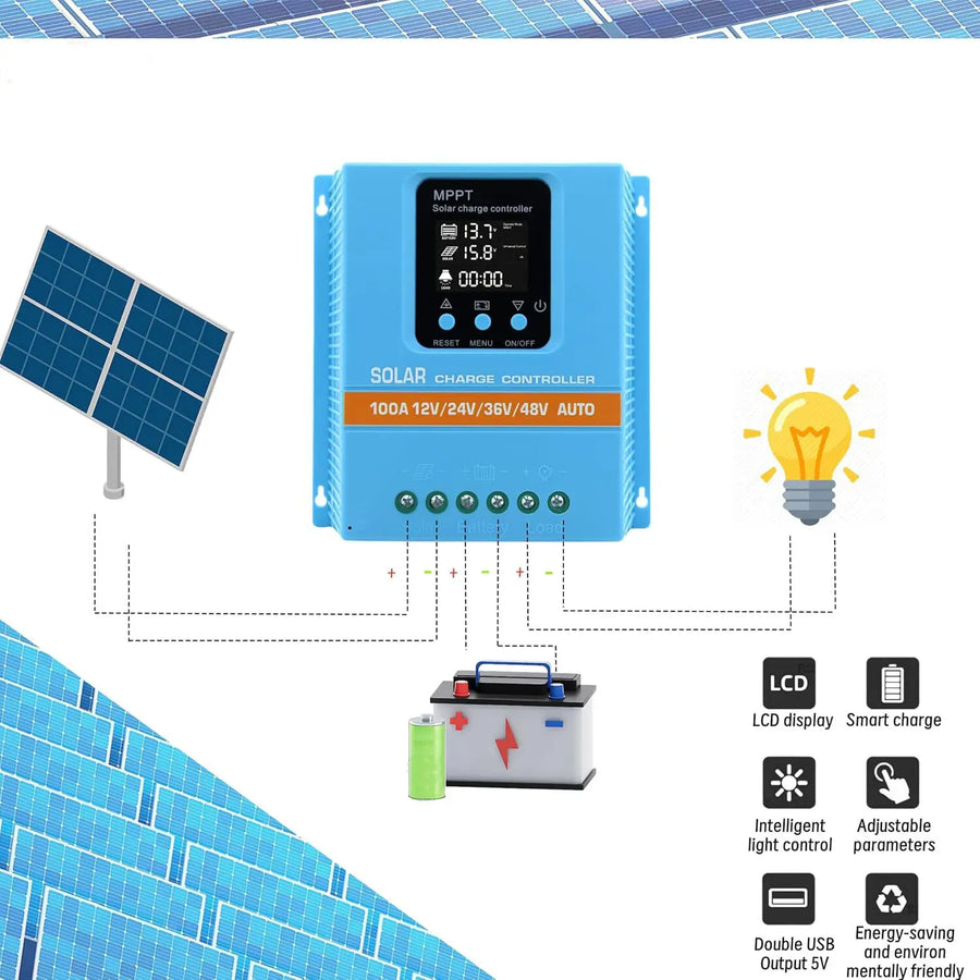 100A MPPT Solar Charge Controller with LCD Display and Dual USB Ports in Blue