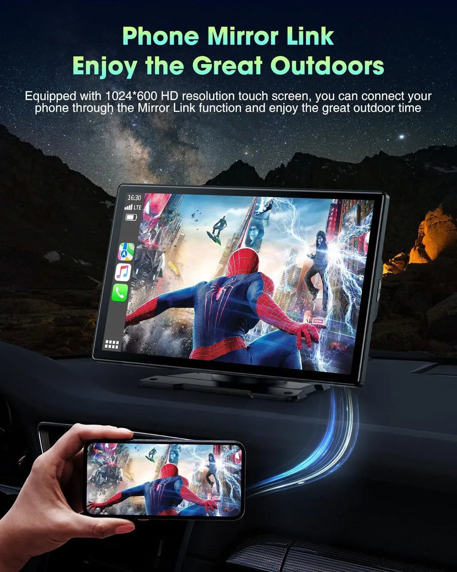 Portable 9" Black Car Stereo Radio with Wireless Apple CarPlay and Android Auto