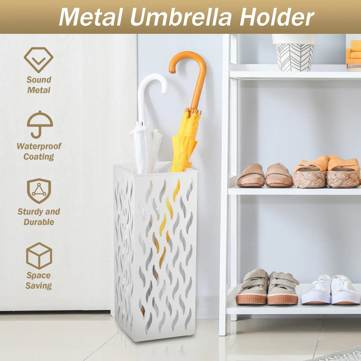 Metal Umbrella Stand Rack in White - Rectangular Design, Holds 4-8 Umbrellas, 16.5x16.5x42cm