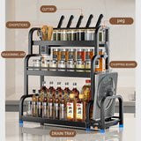 3-Tier Black Stainless Steel Kitchen Spice Rack Organiser with Adjustable Storage - 45-Degree Angle
