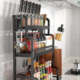 3-Tier Black Stainless Steel Kitchen Spice Rack Organiser with Adjustable Storage - Low Angle