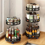 Black Kitchen Rotating Spice Rack - Double Layer Carbon Steel Organizer - Side View