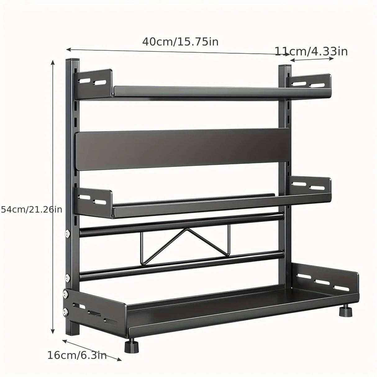 3-Tier Black Stainless Steel Spice Rack Kitchen Condiment Storage Shelf 40x16x54cm