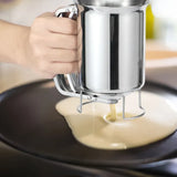Silver Stainless Steel Pancake Batter Dispenser for Baking Cupcakes, Waffles, and Cakes - 15.5x10cm - Close-Up Angle
