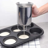 Silver Stainless Steel Pancake Batter Dispenser for Baking Cupcakes, Waffles, and Cakes - 15.5x10cm - Low Angle