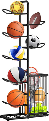 Black Ball Storage Rack for Football, Basketball, Soccer, and Volleyball - 58x23.5x146cm