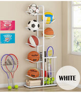 White Ball Storage Rack for Football, Basketball, and Volleyball - 116cm Tall - Front View