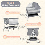 3-in-1 Adjustable Height Baby Bassinet Crib with Mosquito Net and Storage Basket in Grey - Front View