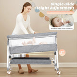 3-in-1 Adjustable Height Baby Bassinet Crib with Mosquito Net and Storage Basket in Grey - Side View