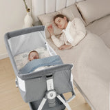 3-in-1 Adjustable Height Baby Bassinet Crib with Mosquito Net and Storage Basket in Grey - Top-Down View