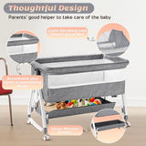 3-in-1 Adjustable Height Baby Bassinet Crib with Mosquito Net and Storage Basket in Grey - 45-Degree Angle