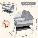 3-in-1 Adjustable Height Baby Bassinet Crib with Mosquito Net and Storage Basket in Grey - Close-Up Angle