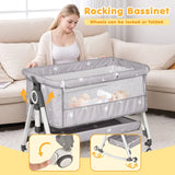 3-in-1 Grey Baby Bassinet Bedside Crib with Adjustable Height, Mosquito Net & Storage Basket - Front View