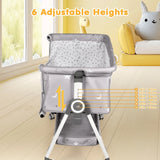 3-in-1 Grey Baby Bassinet Bedside Crib with Adjustable Height, Mosquito Net & Storage Basket - Rear View