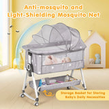 3-in-1 Grey Baby Bassinet Bedside Crib with Adjustable Height, Mosquito Net & Storage Basket - Close-Up Angle
