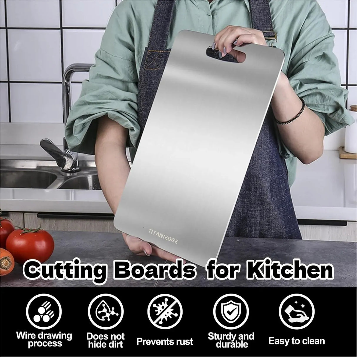 Double-Sided Titanium Cutting Board in Silver, 39x28cm for Kitchen and Camping