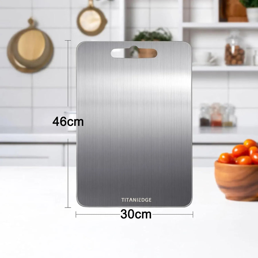 Double-Sided Titanium Cutting Board in Silver, 46x30cm, Ideal for Kitchen and Camping