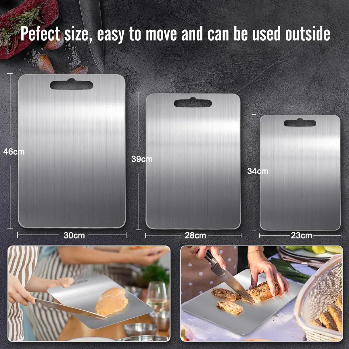 Double-Sided Titanium Cutting Board in Silver, 29x20cm, Ideal for Kitchen and Camping