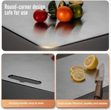 Double-Sided Titanium Cutting Board in Silver, 29x20cm, Ideal for Kitchen and Camping - Low Angle