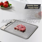 Titanium Double-Sided Cutting Board, 36.5x25cm, Silver, Stainless Steel for Kitchen and Camping - Close-Up Angle