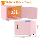 Pink 23L Hot Towel Warmer Cabinet with UV Sterilizer for Salon and Home Use - Low Angle