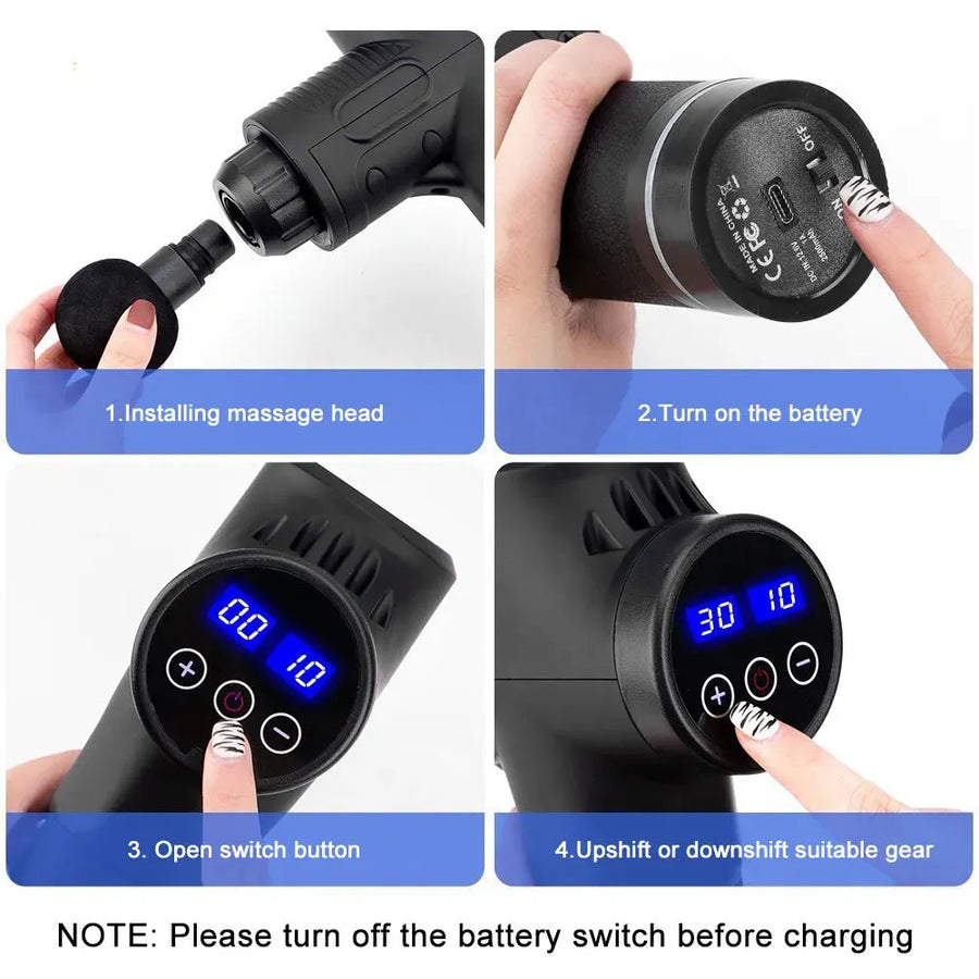 Deep Tissue Massage Gun Black with 10 Interchangeable Heads and 30 Adjustable Speeds
