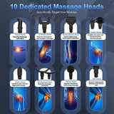 Deep Tissue Massage Gun Black with 10 Interchangeable Heads and 30 Adjustable Speeds - 45-Degree Angle