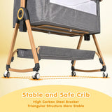 3 in 1 Grey Baby Bassinet Bedside Crib with Mattress, Adjustable Height and Storage Basket - Front View