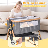3 in 1 Grey Baby Bassinet Bedside Crib with Mattress, Adjustable Height and Storage Basket - Rear View