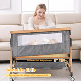 3 in 1 Grey Baby Bassinet Bedside Crib with Mattress, Adjustable Height and Storage Basket - Close-Up Angle