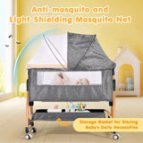 3 in 1 Grey Baby Bassinet Bedside Crib with Mattress, Adjustable Height and Storage Basket - Low Angle