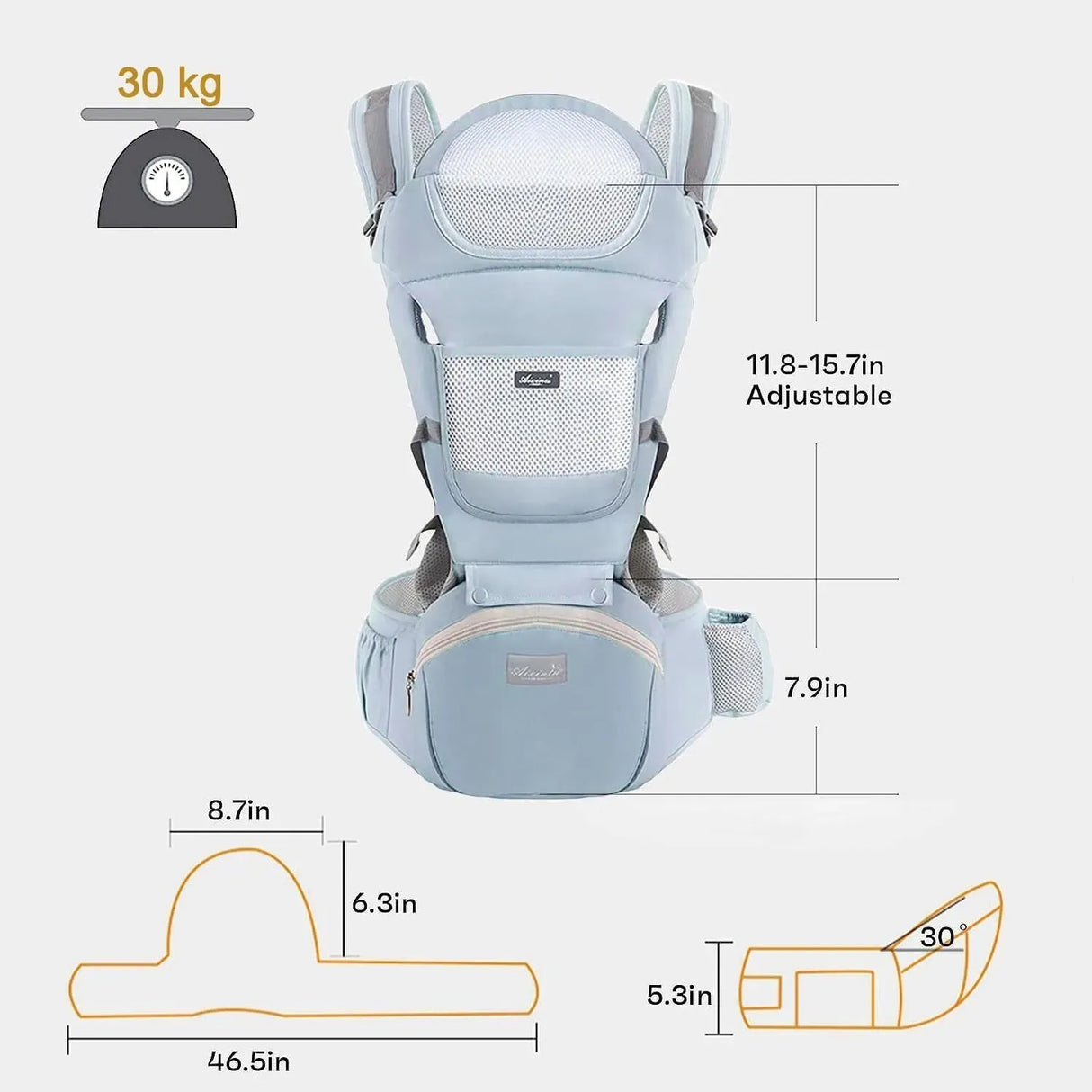 Blue 6 in 1 Adjustable Baby Carrier with Hip Seat in Light Green for Newborns and Toddlers (3-36 Months)
