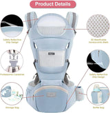 Blue 6 in 1 Adjustable Baby Carrier with Hip Seat in Light Green for Newborns and Toddlers (3-36 Months) - Close-Up Angle