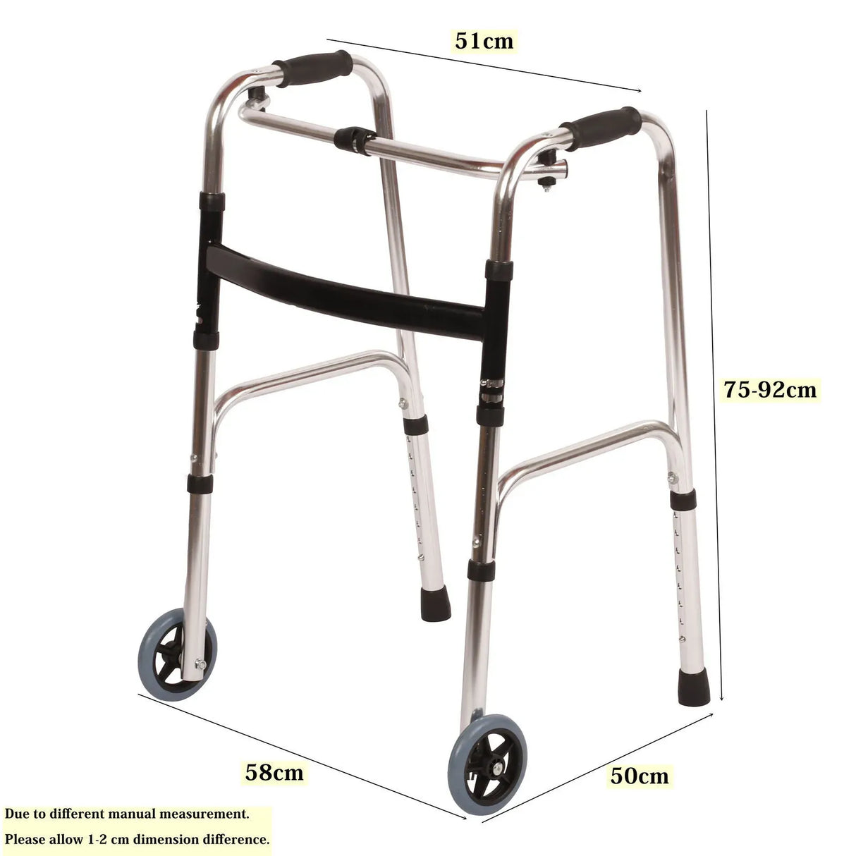 Adjustable Folding Walker Frame with Wheels, Silver Aluminium, 75-92CM Height