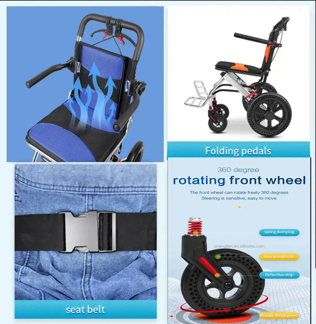 Portable Foldable Manual Wheelchair in Orange - Lightweight Travel Design, 100kg Capacity
