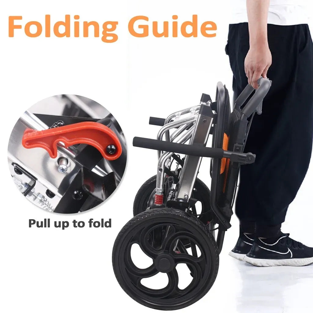 Portable Foldable Manual Wheelchair in Orange - Lightweight Travel Design, 100kg Capacity