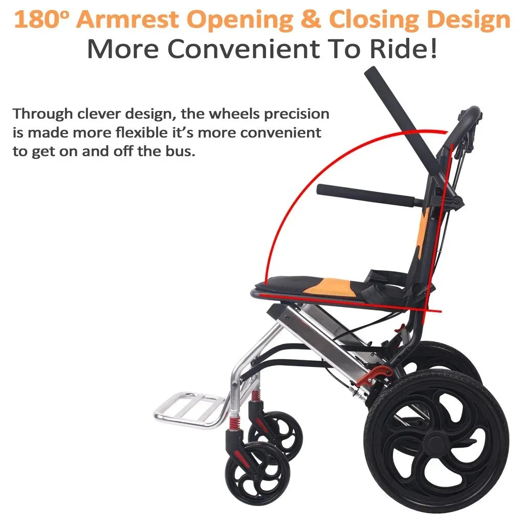 Portable Foldable Manual Wheelchair in Orange - Lightweight Travel Design, 100kg Capacity