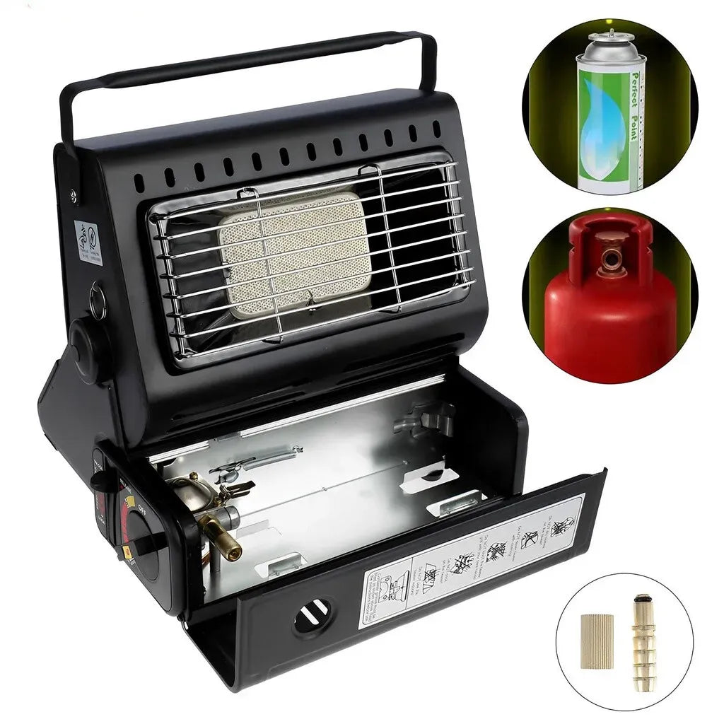Portable Butane Gas Heater in Black for Camping, Hiking, and Outdoor Use