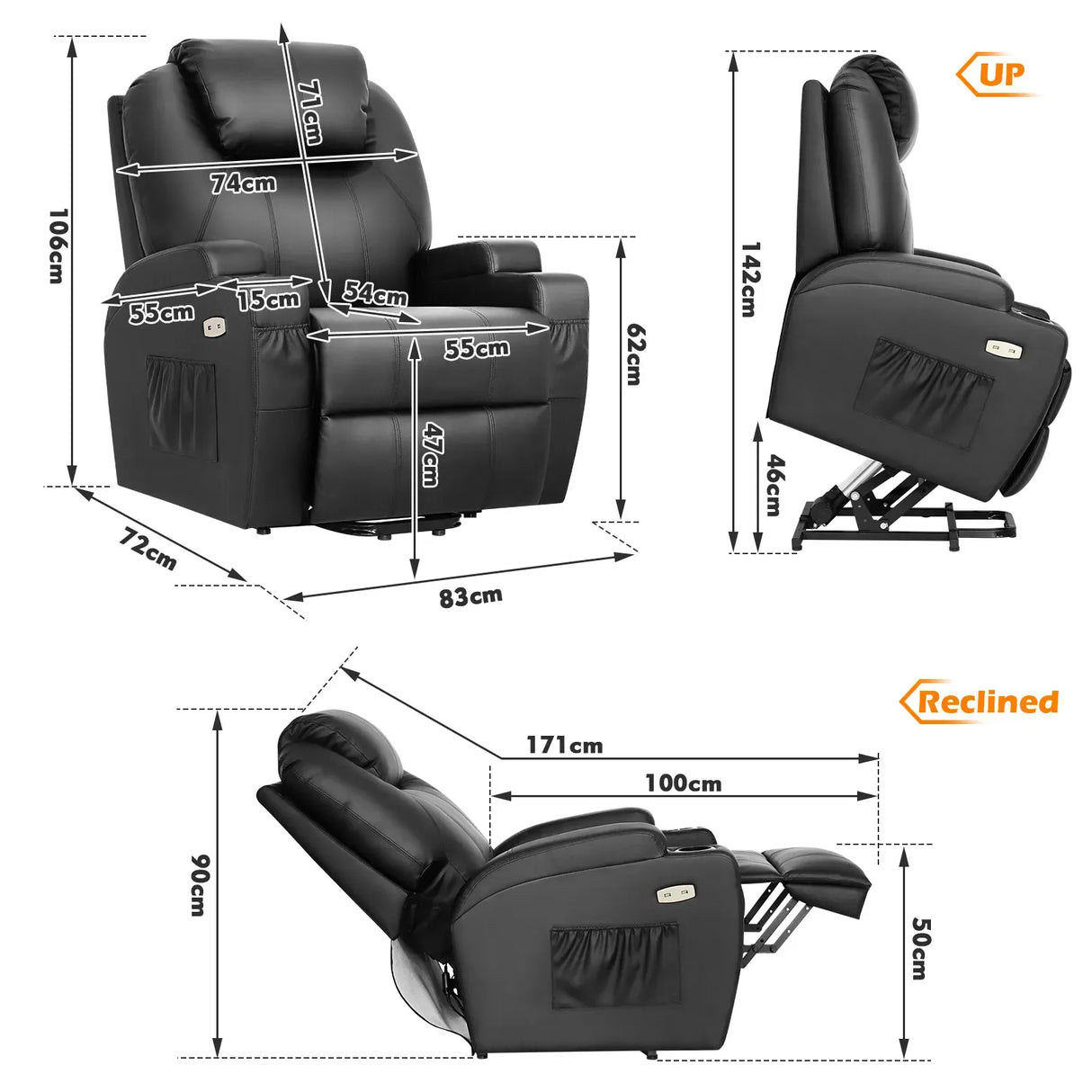 Brown Electric Massage Recliner Chair with Heat and Vibration in Grey, 108x100x85cm
