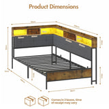 Walnut Single LED Corner Bed Frame in Black with 2 Storage Drawers and Charging Station - Front View