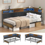 Walnut Single LED Corner Bed Frame in Black with 2 Storage Drawers and Charging Station - Rear View