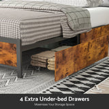 Double Bed Frame with 4 Storage Drawers, Charging Station, USB Ports, Black - Front View