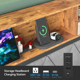 Double Bed Frame with 4 Storage Drawers, Charging Station, USB Ports, Black - Rear View