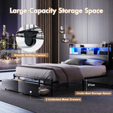Double Black LED Bed Frame with 2 Storage Drawers and Charging Station - Side View
