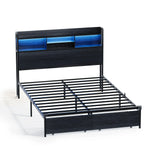 Double Black LED Bed Frame with 2 Storage Drawers and Charging Station - Top-Down View