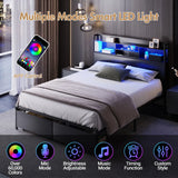 Double Black LED Bed Frame with 2 Storage Drawers and Charging Station - 45-Degree Angle